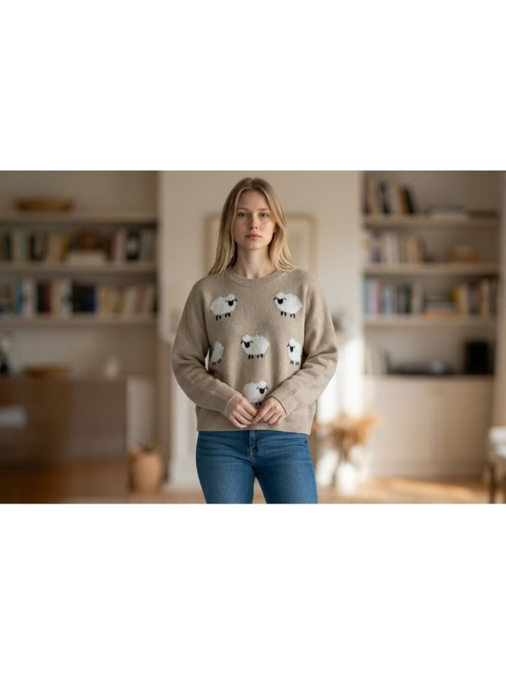 Calligraphie Sheep Knit Sweater Women's XL Beige Cozy Crewneck Novelty Pullover